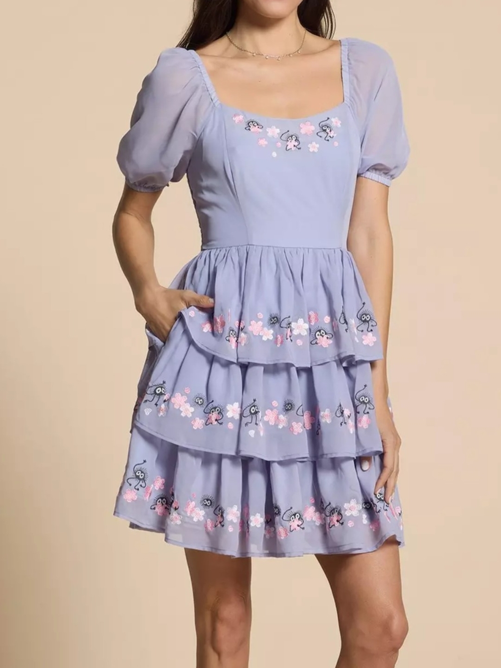 Studio Ghibli Soot Sprite Lavender Tiered Dress With Pink Floral Embroidery NWOT